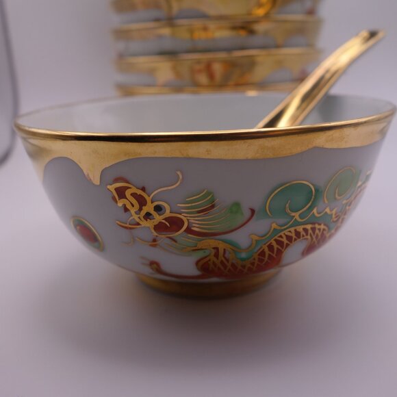 Set of Seven(7) Dragon Gold Color Soup Bowls & Spoons Made in Hong Kong - Picture 2 of 16